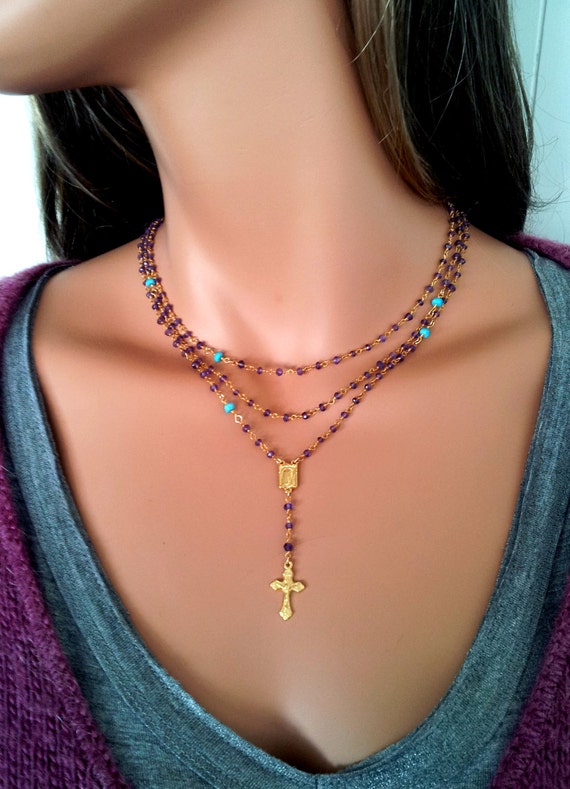 Rosary Necklace Gold Filled Multi Strand Cross Necklaces Women