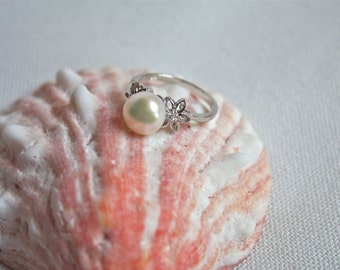 Thin White Pearl Ring, Sterling Silver floral ring, bridesmaid jewelry, gift ideas for her