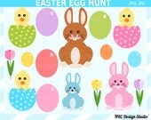 CIJ SALE - Easter Egg Hunt Clip Art - Easter Clip Art - Digital Easter Clipart - Easter Bunny, Easter Eggs, Flowers, Baby Chicks Il_170x135