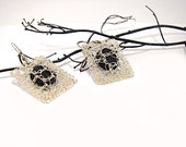 Rectangle Geometric earrings Wire Crochet Silver and black stone earrings