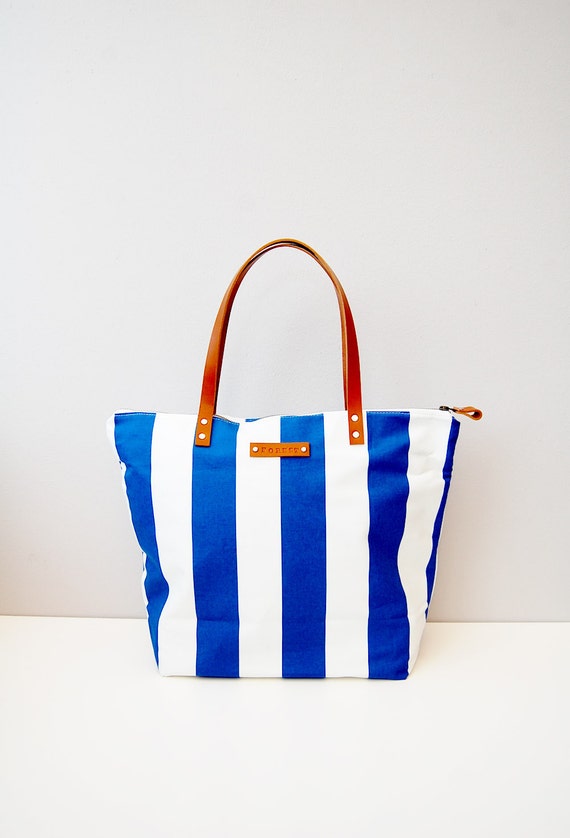 The St Tropez blue white stripe canvas beach tote by ForestBags