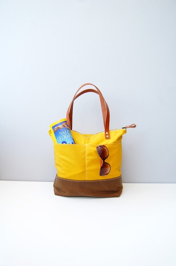 Items similar to Mustard yellow & tan waxed canvas pocket tote bag with