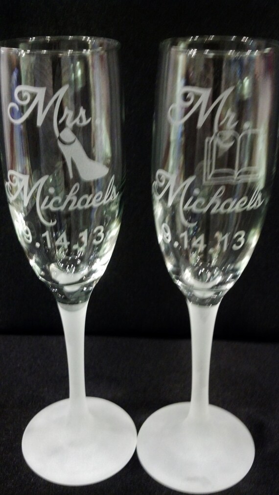 Etched Champagne Flutes with Frosted Stems by ThatGlassStore