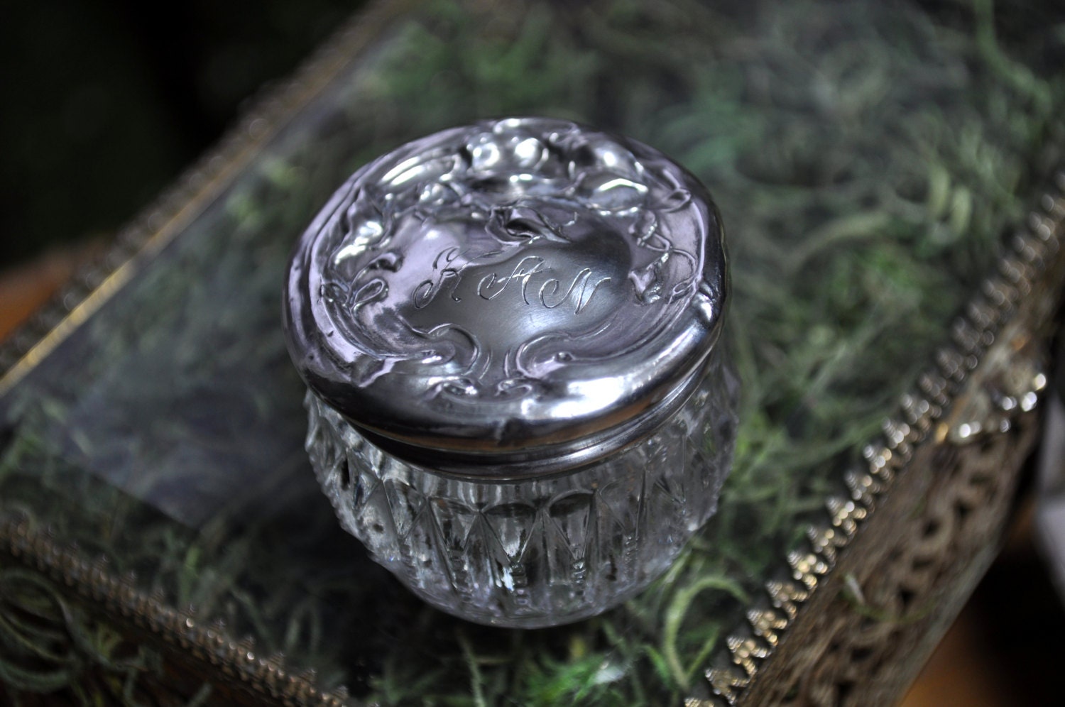 Sterling Powder Jar Crystal Sterling Silver lid dresser jar