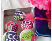 Retro Blue, Pink, & Green Owl Fabric Button Refrigerator Magnets Set of 5