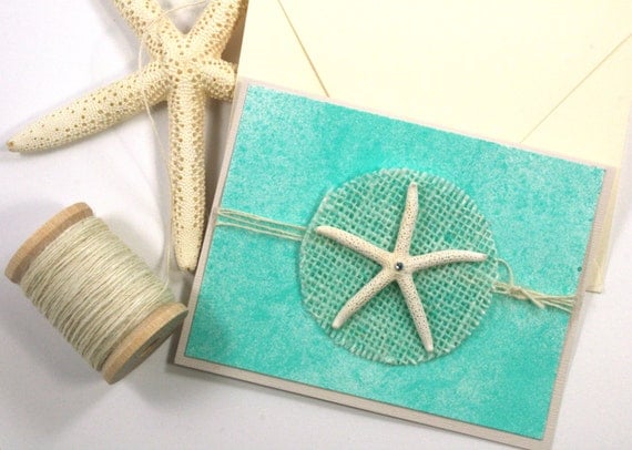 Blank Beach Greeting Card with Starfish on Turquoise Blue Background