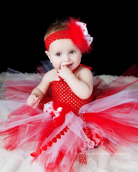 Love Hearts Red Feathers Tutu Girly Baby Valentine Crochet Dress Infant
