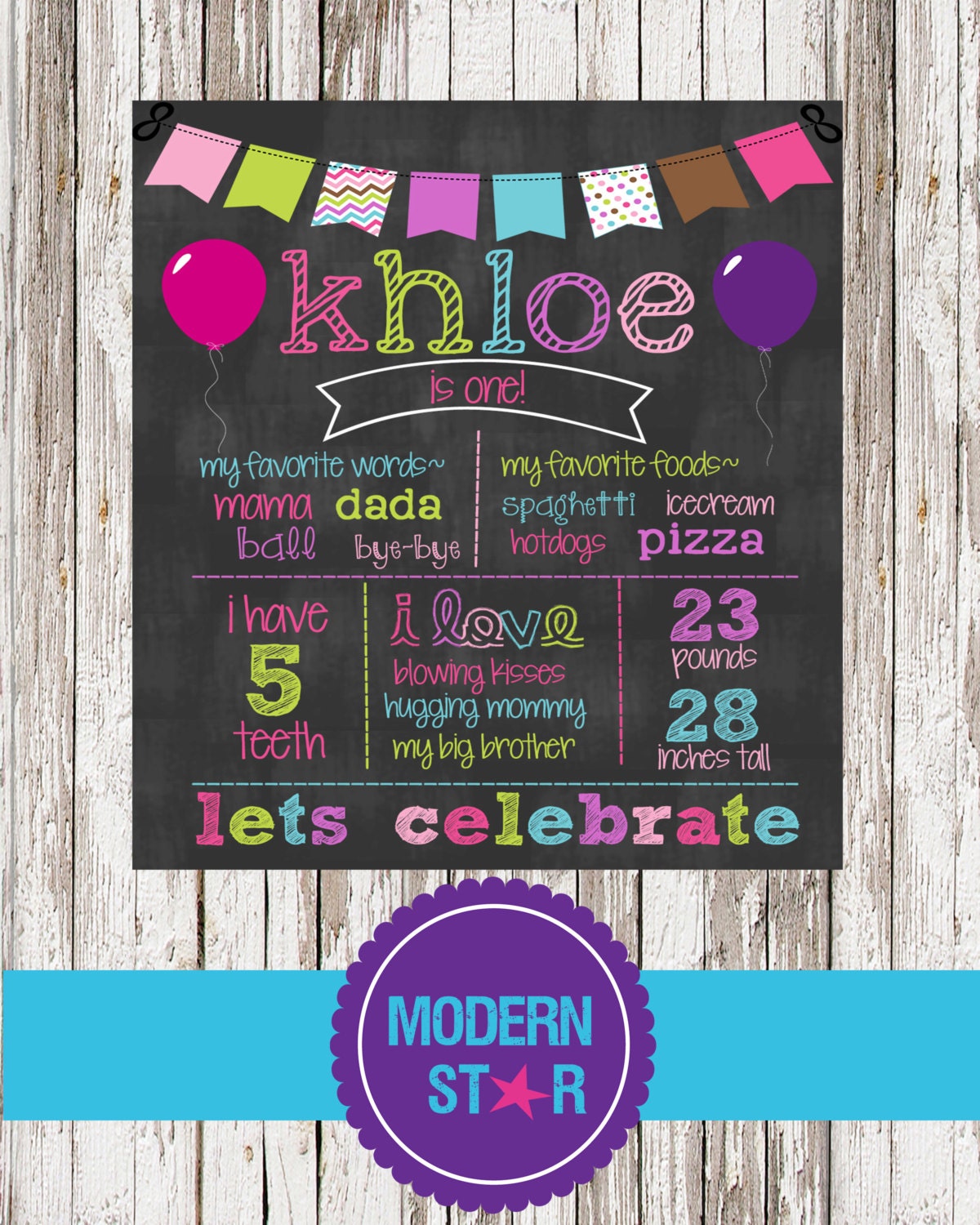 Girly First Birthday Chalkboard Sign Printable by ModernStarPrint