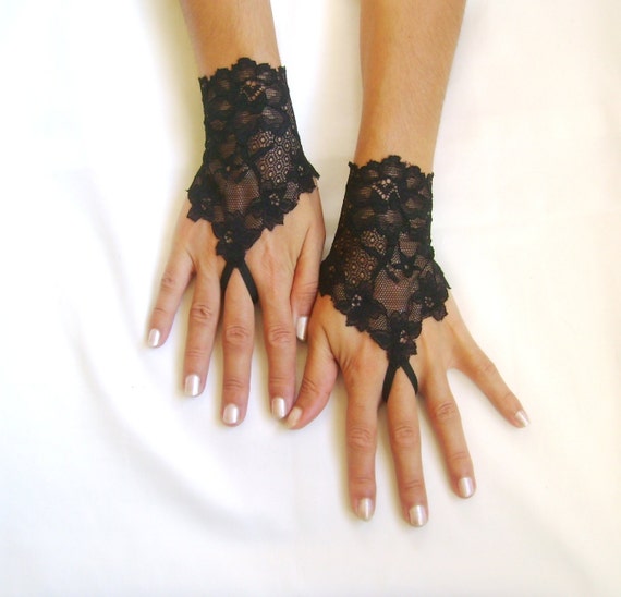 Black elastic lace gloves fingerless gloves lace armwarmers black gloves free ship