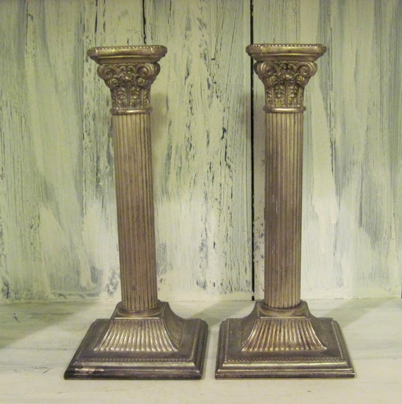 Vintage Greek temple pillar candle holder set of 2 Silver