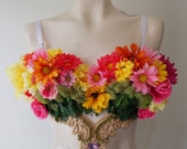 Floral Fairy Rave Bra made with Silk Flowers, Gold Applique, Green Crystal Chain