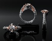 Platinum & 18kt rose red pink gold. Diamond baroque, two tone floral engagement ring. Intricate engraved filigree heavy perfect. 1 carat.