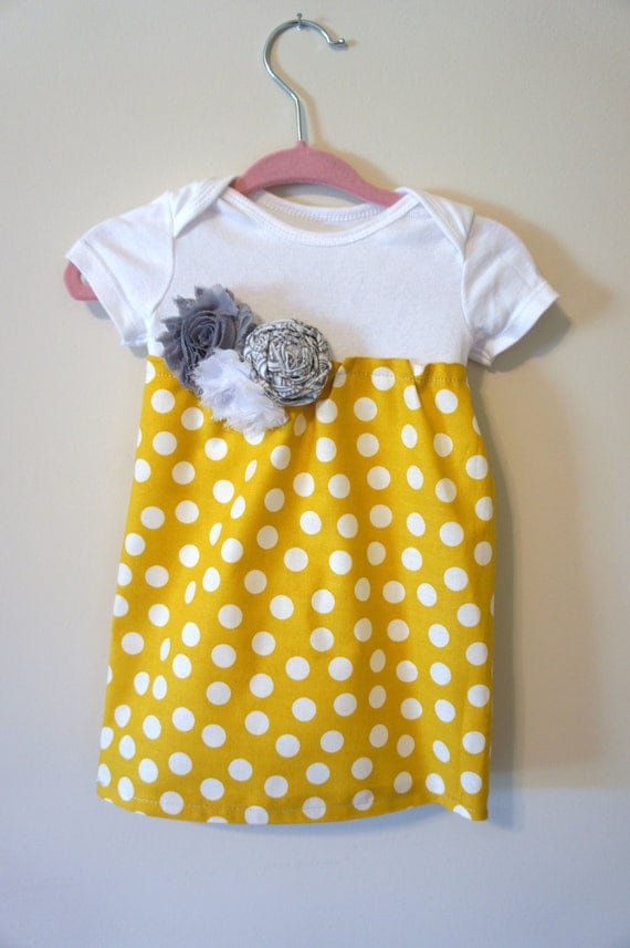 Gray and yellow infant dress with fabric flowers shabby chic