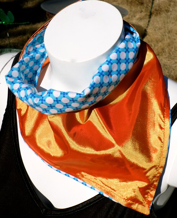 Flaming Sky: Blue and White Geometric Polka Dot Design & Lustrous Orange Reversible Bandana with Stash Pocket by BandHäna