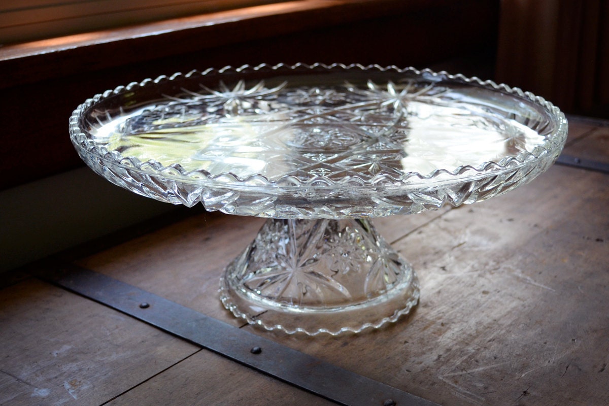 Vintage Glass Cake Plate Glass Pedestal Cake Stand Cut