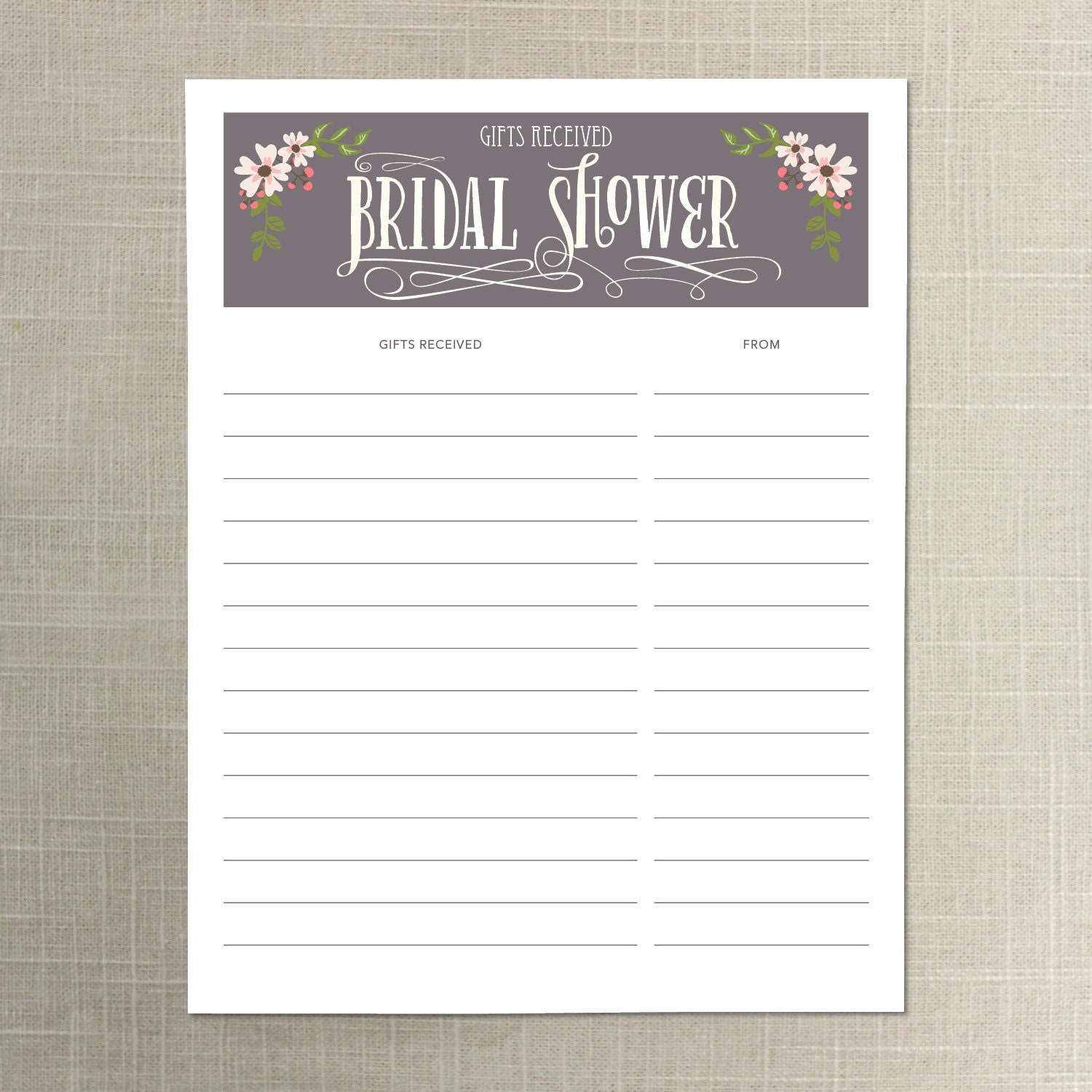 Instant Download Bridal Shower Gift List Gifts Received