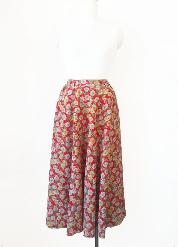 Japanese Vintage Skirt / Red Floral Skirt / Floral Long Skirt