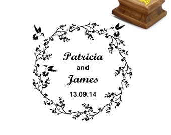 Wedding stamp, Custom wedding stamp, Personalized wedding stamp, Custom names and date stamp, Hummingbird flower wreath, 2x2 inches - W22