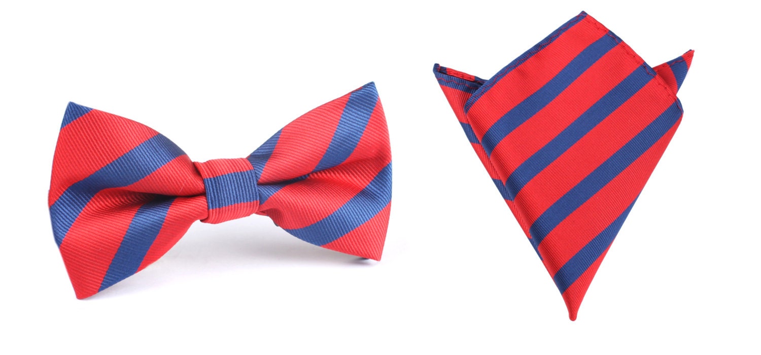 Matching Bow Tie Pocket Square Combo Red & Navy Blue Striped