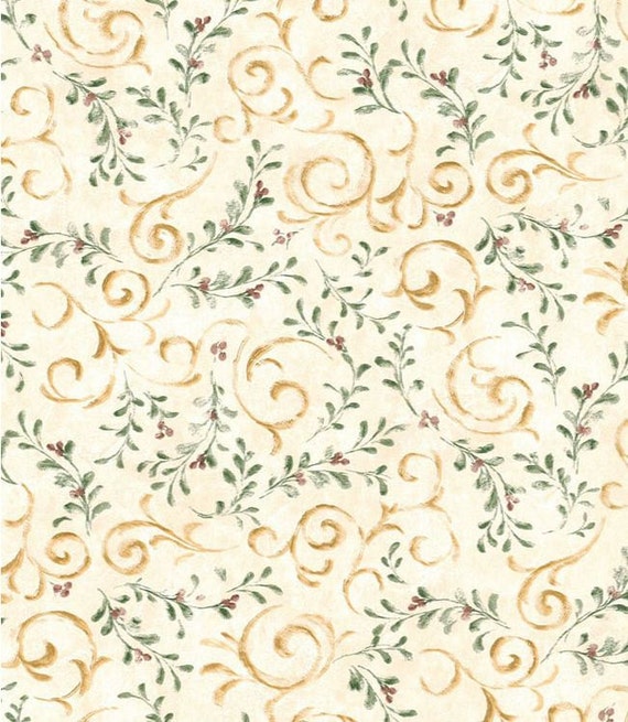 Wallpaper By The Yard - Allover Berry leaf and Vine Sprig and Gold Scroll on Cream  - Tan, Primitive, Folk Decor - SM8425