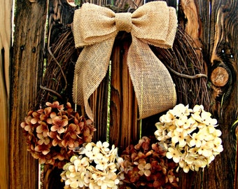 Chocolate and Cream Hydrangea Wreath, Fall Wreath, Door Wreath, Rustic Wreath, Burlap Bow Wreath, fall wreaths