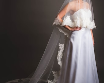 Cathedral veil, drop veil, alencon lace trimmed veil,two tiers veil -made to order-