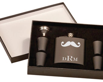 9 Custom Engraved Mustache Flask Set - Custom Hipster Flask - Personalized Birthday Flask - Custom Bridesmaid Gift - Custom Groomsmen Gift