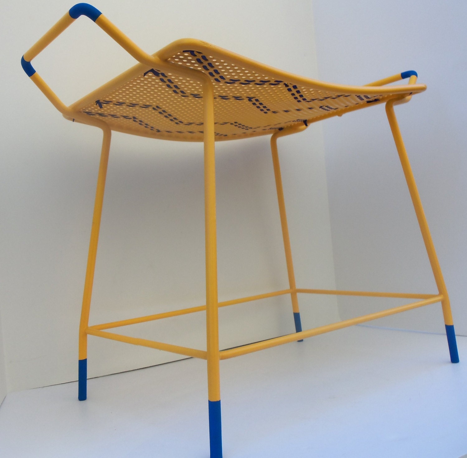 Vanity Bench Yellow Stool Chevron Seat Chair Blue Vintage