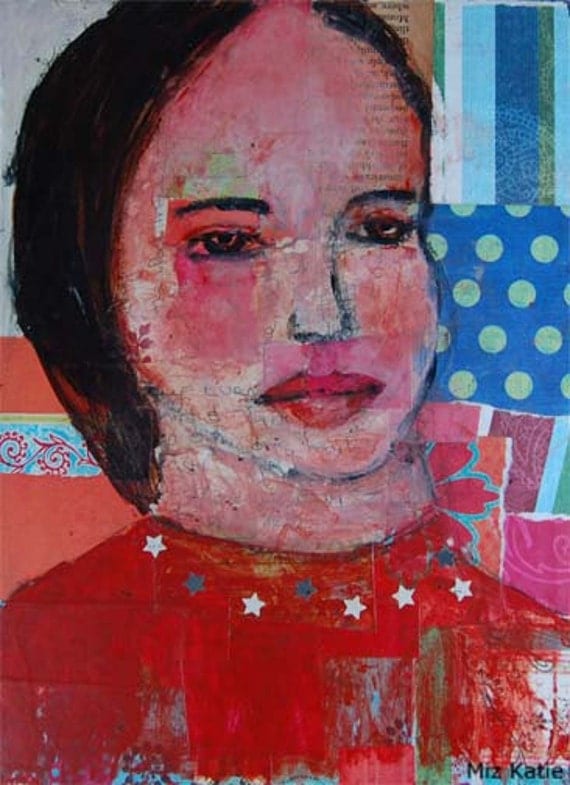 Acrylic Portrait Painting Collage 9x12 Star Worthy, Original, Mixed Media, Girl, Red, Blue, Dots, Face, Brown Eyes