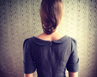 soot grey linen dress with peter pan collar- made to measure