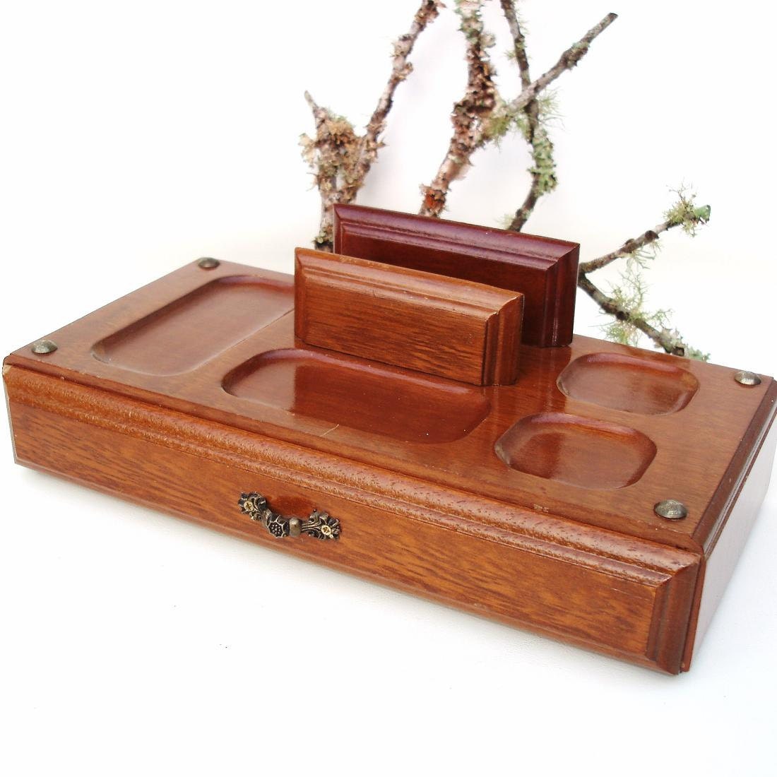 Vintage Mens Valet Wooden Dresser Tray Wood Box with Drawer