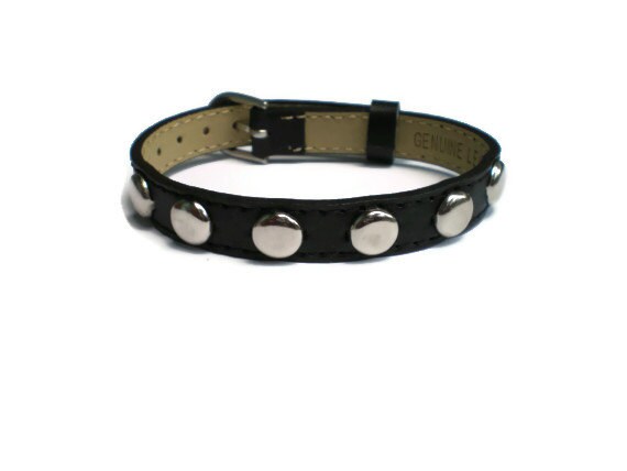 Studded Black Leather Studded Bracelet 10mm Black Flat