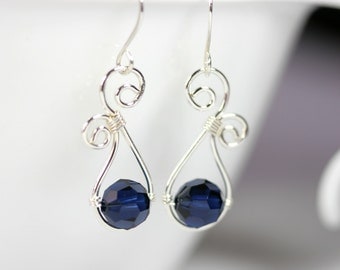 Dark Blue Swarovski Earrings Wire Wrapped Jewelry Handmade Sterling Silver Jewelry Handmade Swarovski Crystal Earrings Swarovski Crystal Jew