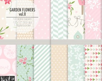 Floral digital paper in pink, blue with birdhouses, shabby chic patterns, spring flowers for nursery decor. 12x12 PNG.