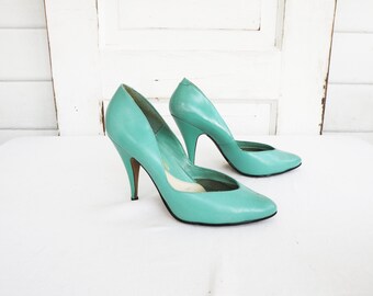 Womens 7.5 Vintage Turquoise Aqua L eather High Heel Shoes ...
