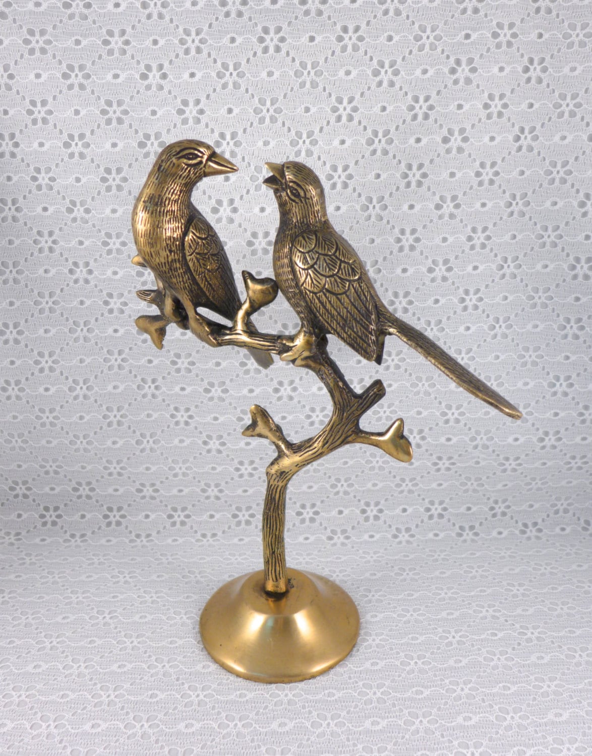 Brass Birds Statue Two Perched on Tree Branch Figurine