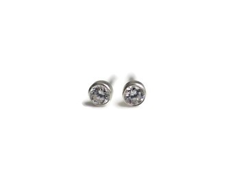 3mm Round Clear Cubic Zirconia CZ Sterling Silver Stud Earrings Bezel Setting - CZ Silver Bezel Studs - Cubic Zirconia CZ Silver Posts
