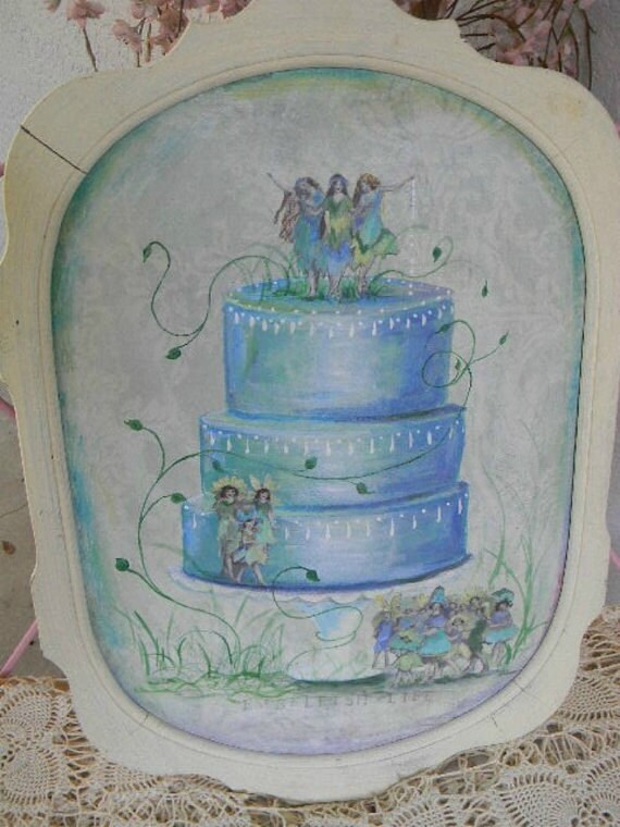 ViNTaGe Original ART Painting FAIRY WeDDiNG CaKE Large Nursery