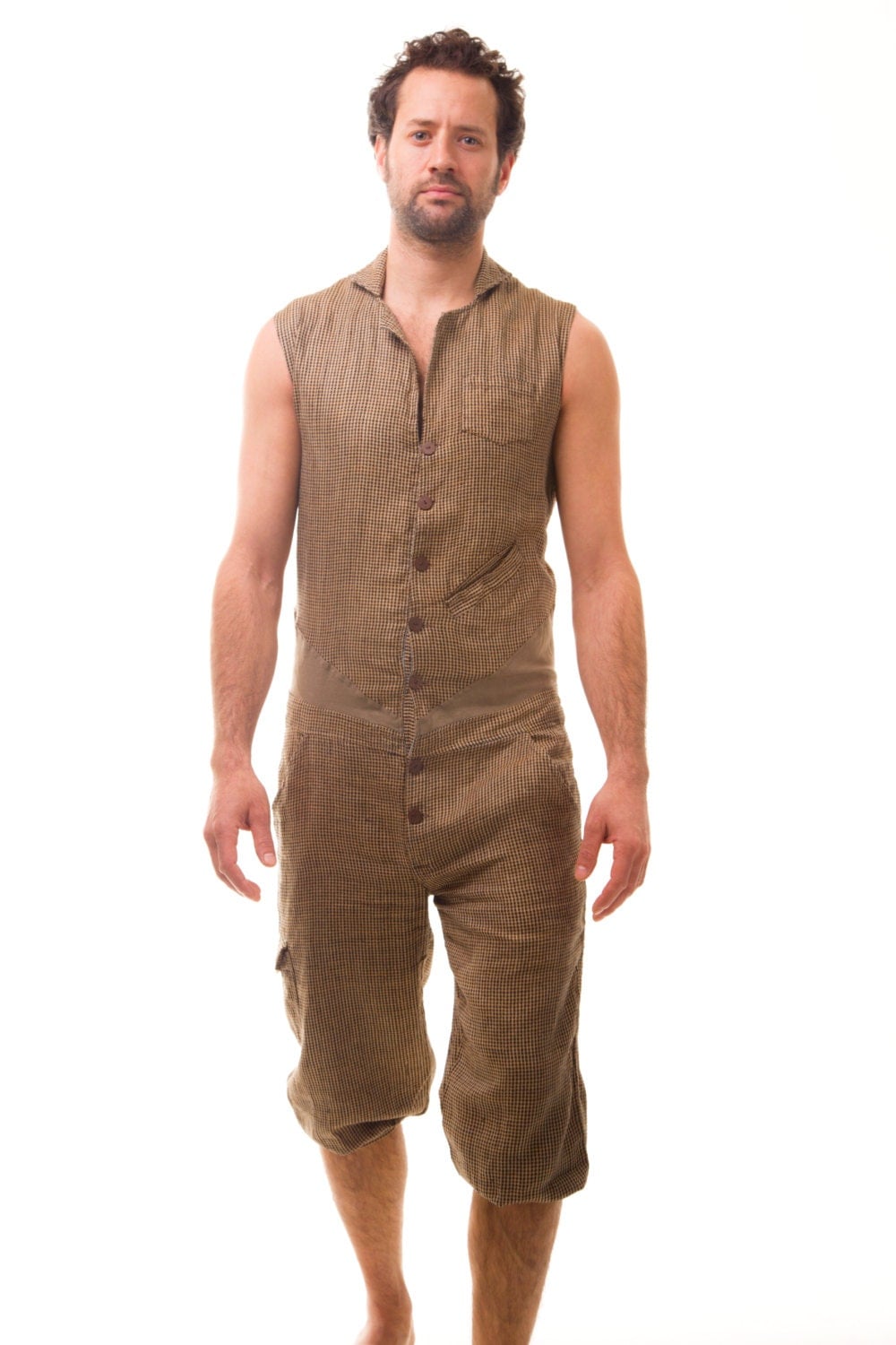 SALE Tweed Style Tailored Men's Jumpsuit Brown