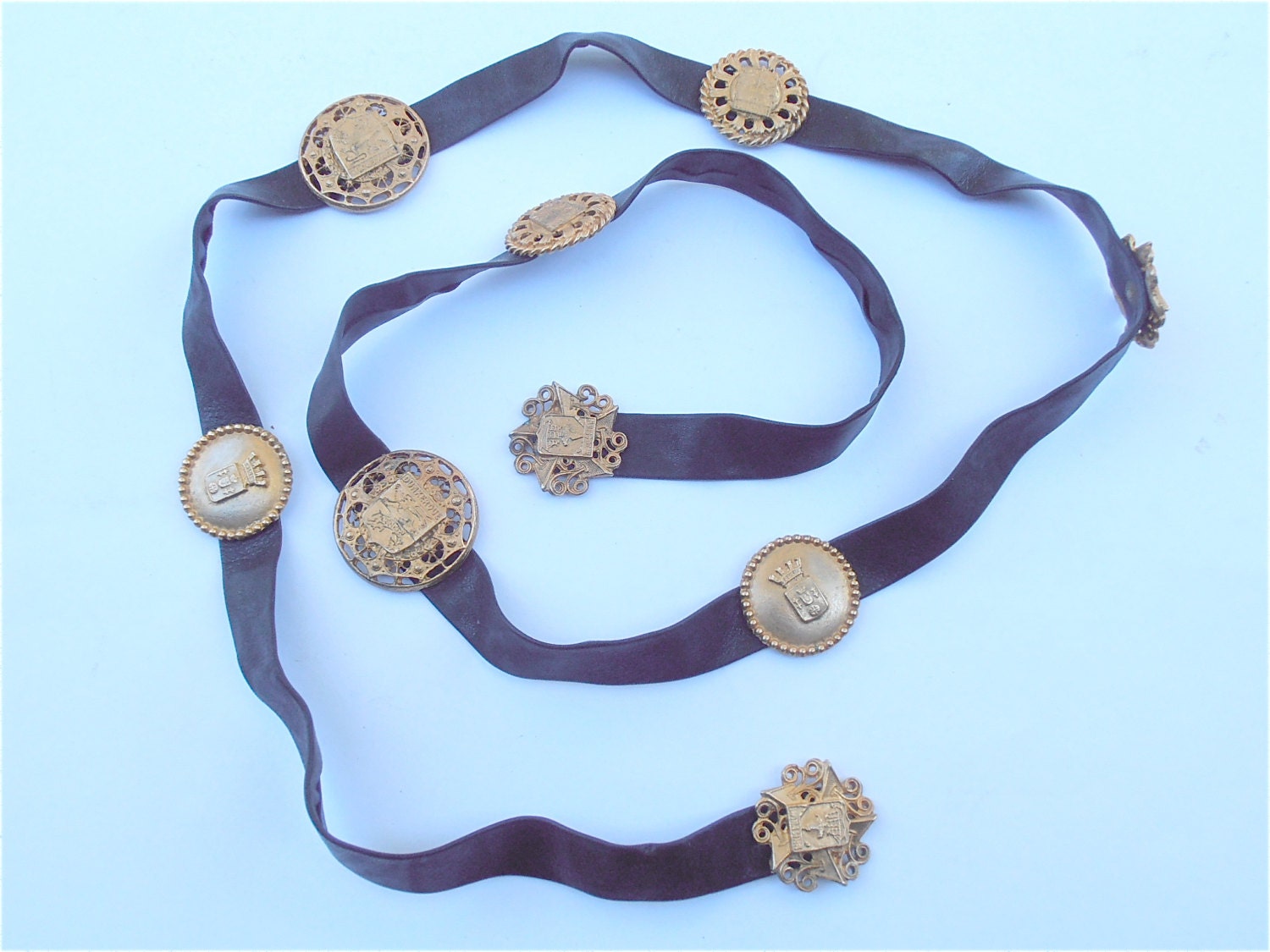 Vintage Gold Medallion Belt Vintage Black Leather Belt Vintage Coat of