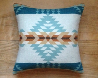 Wool Pillow - Turquoise Aqua - Native Geometric Tribal Southwest Western Arrow