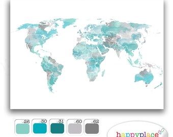 Aqua Large Travel World Map, Digital Printable Map with Watercolor Texture. Choice of colors, text, size. Great travel map or heart map