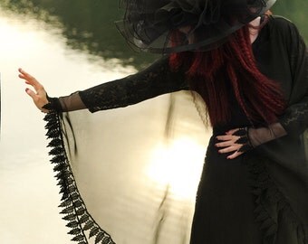 Ethereal Black Chiffon Lace-Trimmed Batwing Overdress by Kambriel - Brand New & Ready to Ship!