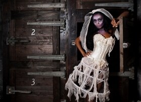 Custom Size ivory lace caged victorian zombie corset costume dress with tea stained ruffled panties s-xl