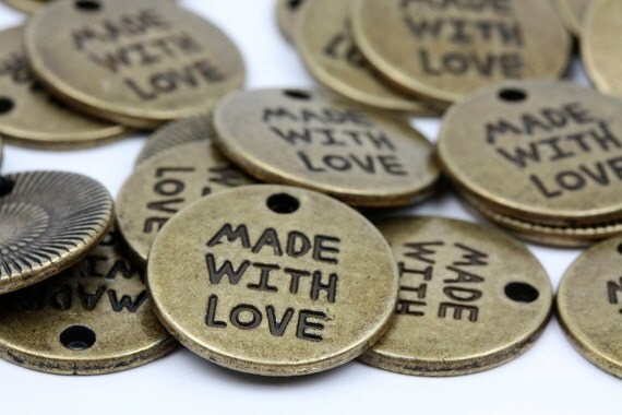 10 pcs Round Antique Bronze Coin Medallion Shape - Made with Love Charm Tag Pendant