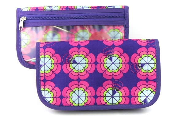 Travel or Super Size Zip Around Knitting Needle Organizer - Love Me Knot - purple pockets