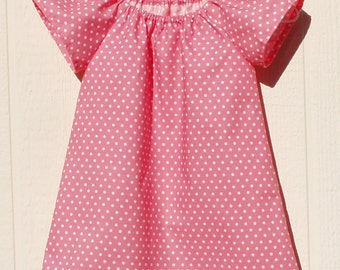 White Polka Dots on Shrimp Pink Peasant Dress, Size 6 Months