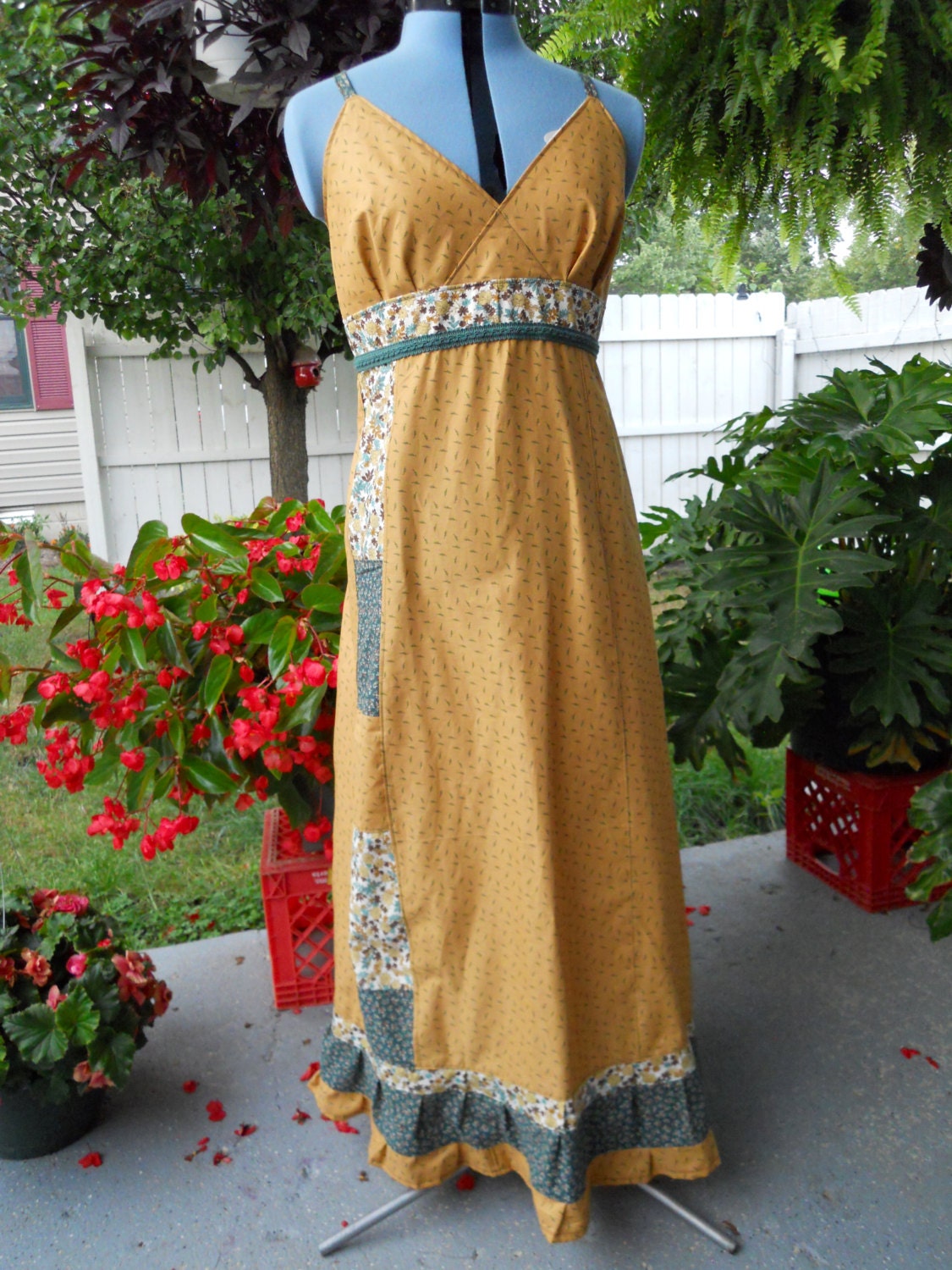 Earthy Brown & Green Leafs Hippie Patchwork Halter Sun Dress