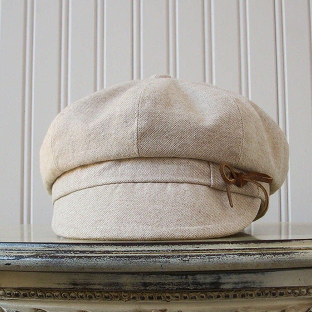 Womens Newsboy Cap Taupe Linen with Suede Bow Womens Hat