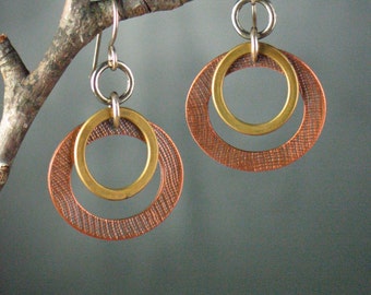 Copper and Brass Hoops, mixed metal earrings, dangle, found object, artisan jewelry, oxidized, industrial, steampunk, geometric, metalsmith
